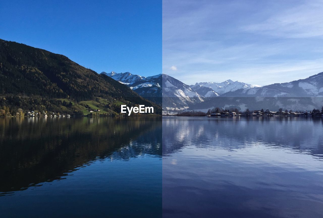 Scenic view of lake by snowcapped mountains against sky