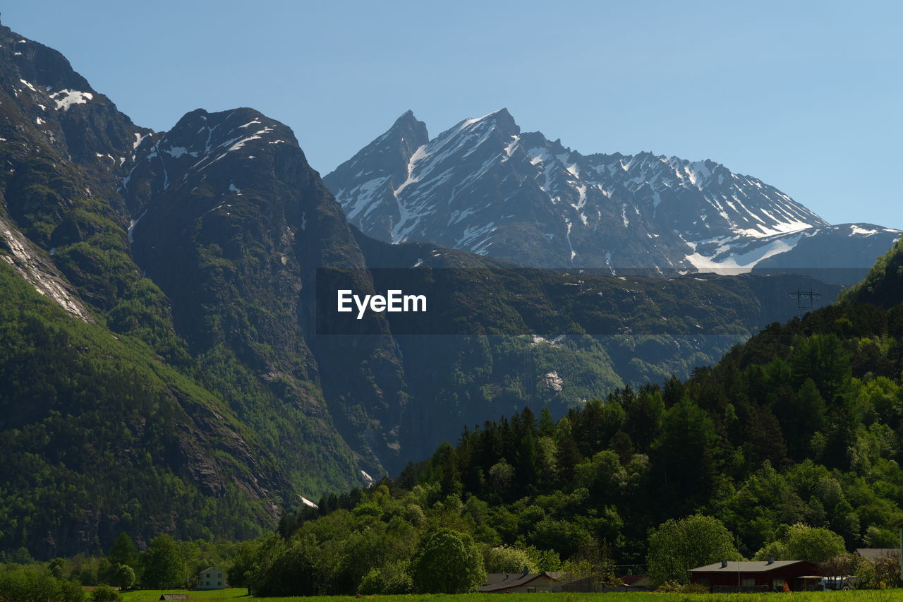 Scenic view of snowcapped mountains against clear sky