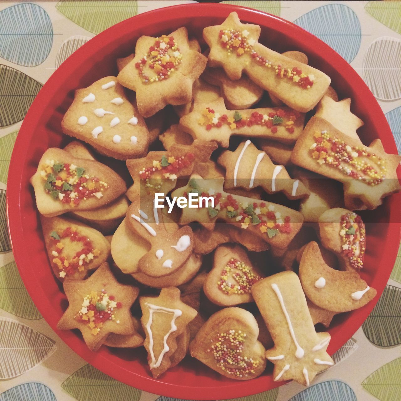 High angle view of cookies in bowl on table