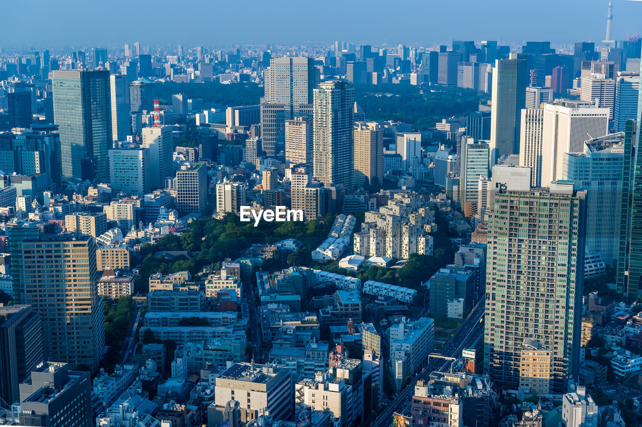 High angle view of modern buildings in city