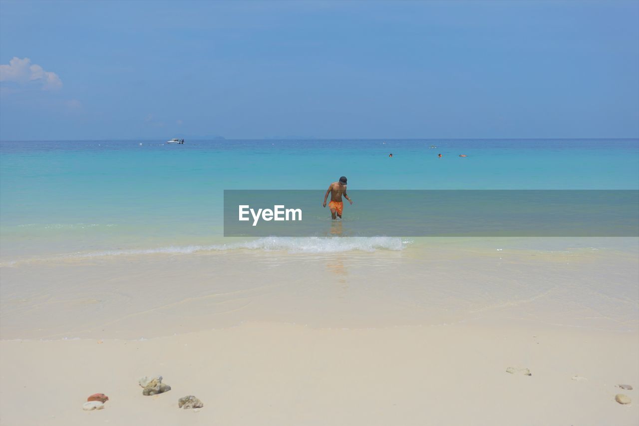 Rear view of person on beach against sky