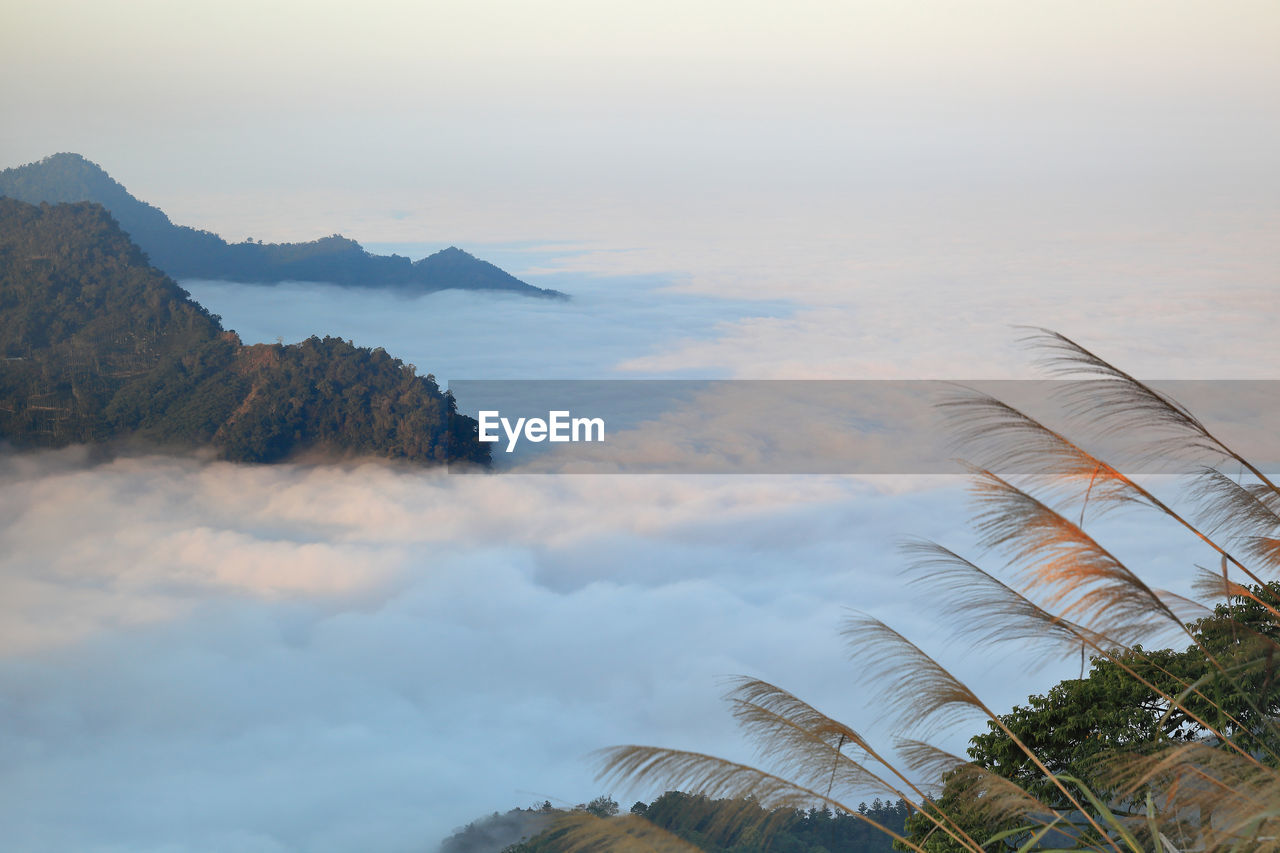 Scenic view of mountains during foggy weather against sky