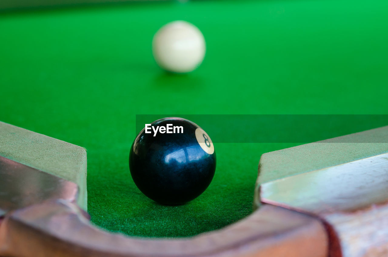 Close-up of snooker balls on table