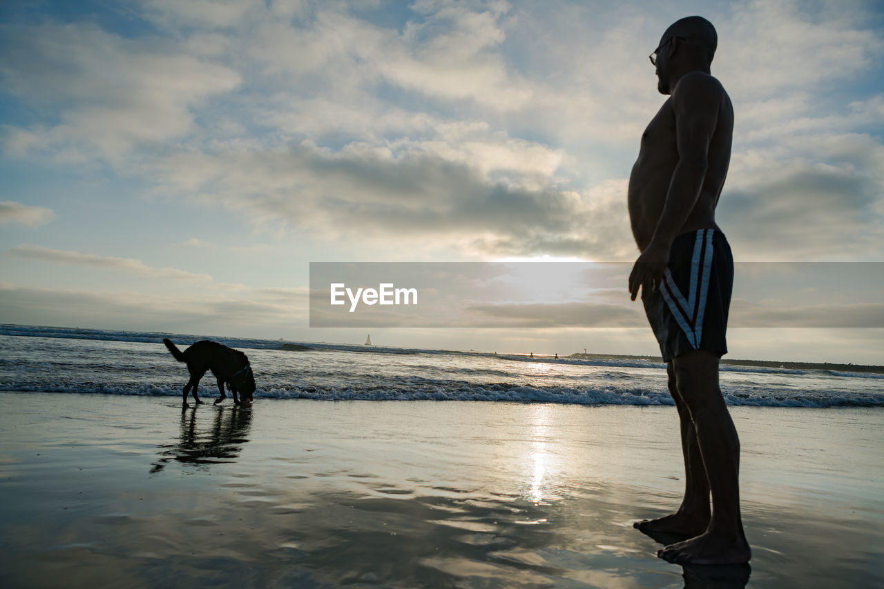 MAN WITH DOG WALKING ON BEACH AGAINST SKY