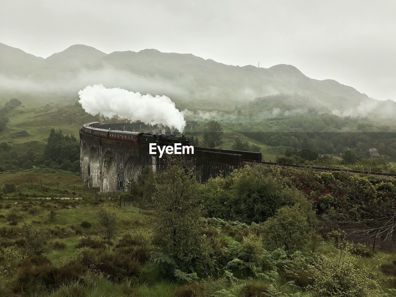 Smoke emitting from steam train as it passes on a bridge