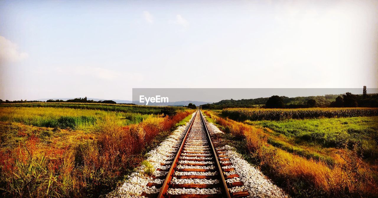 VIEW OF RAILROAD TRACKS ON FIELD AGAINST SKY