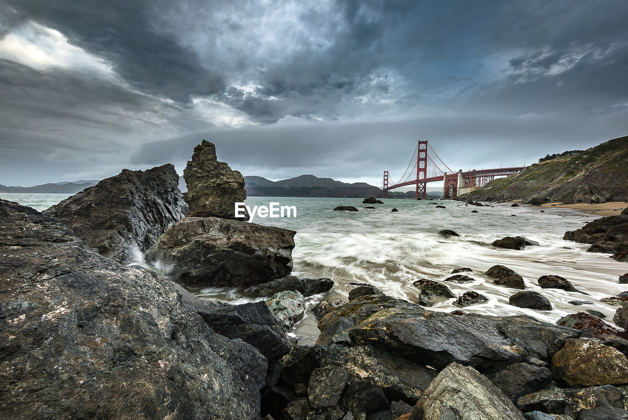 Scenic view of rocks in sea against sky