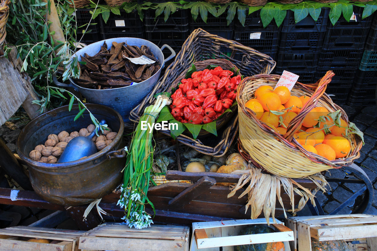 High angle view of fruits for sale at market stall