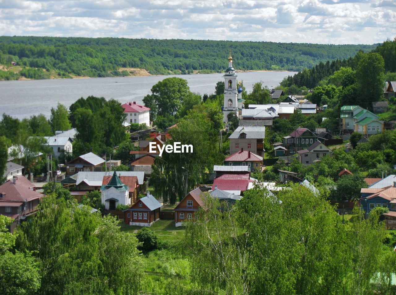 High angle view of houses in town