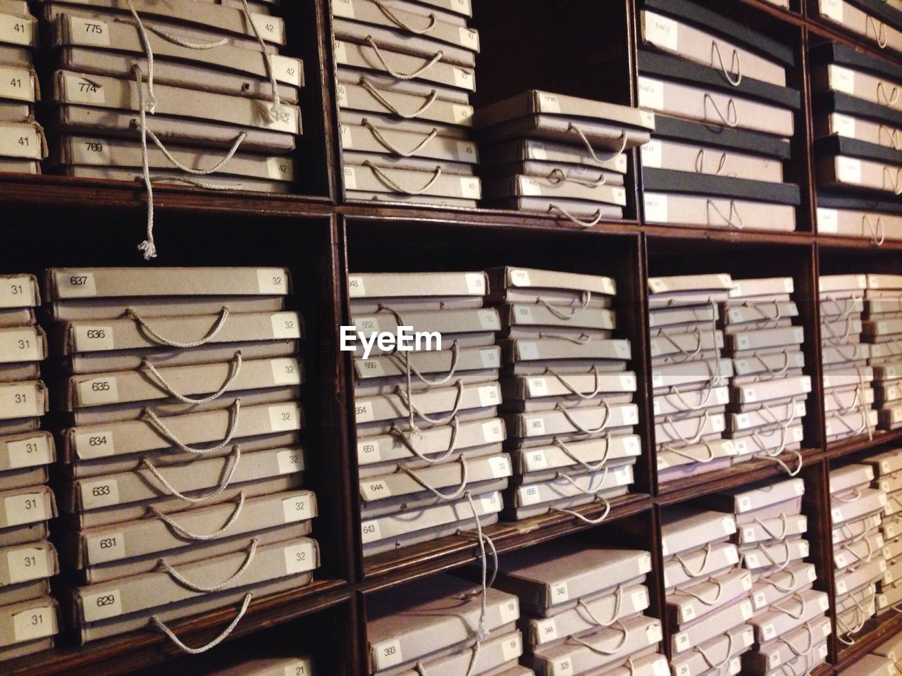 Stacks of packages arranged in shelves