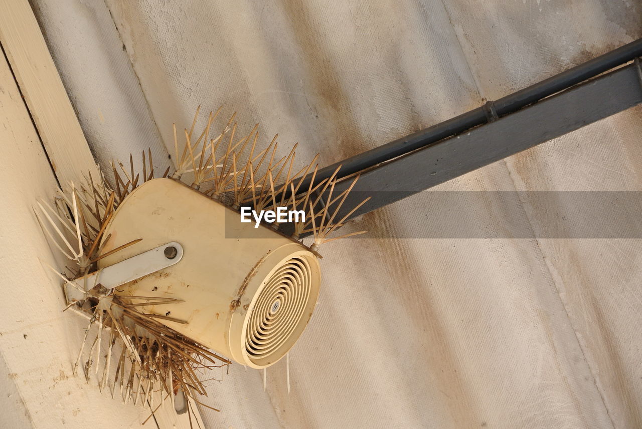 Low angle view of spiked speaker on ceiling