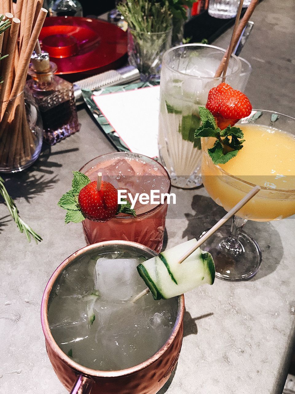 High angle view of cocktails on table