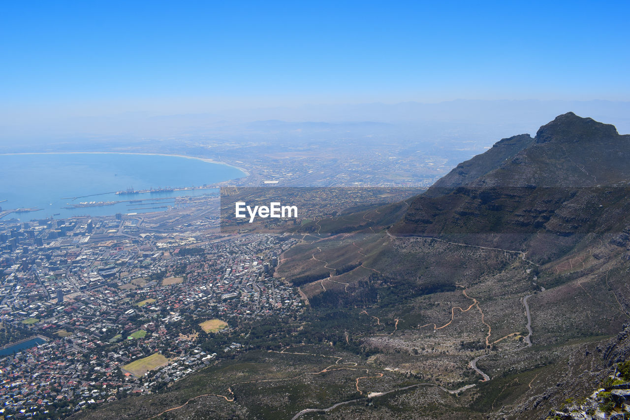 Aerial view of cape town from table mountain and sea against sky