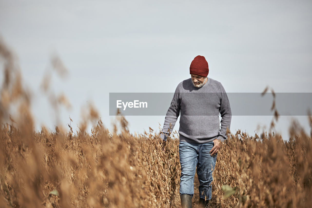 Farmer wearing knit hat examining crop while walking in field against clear sky