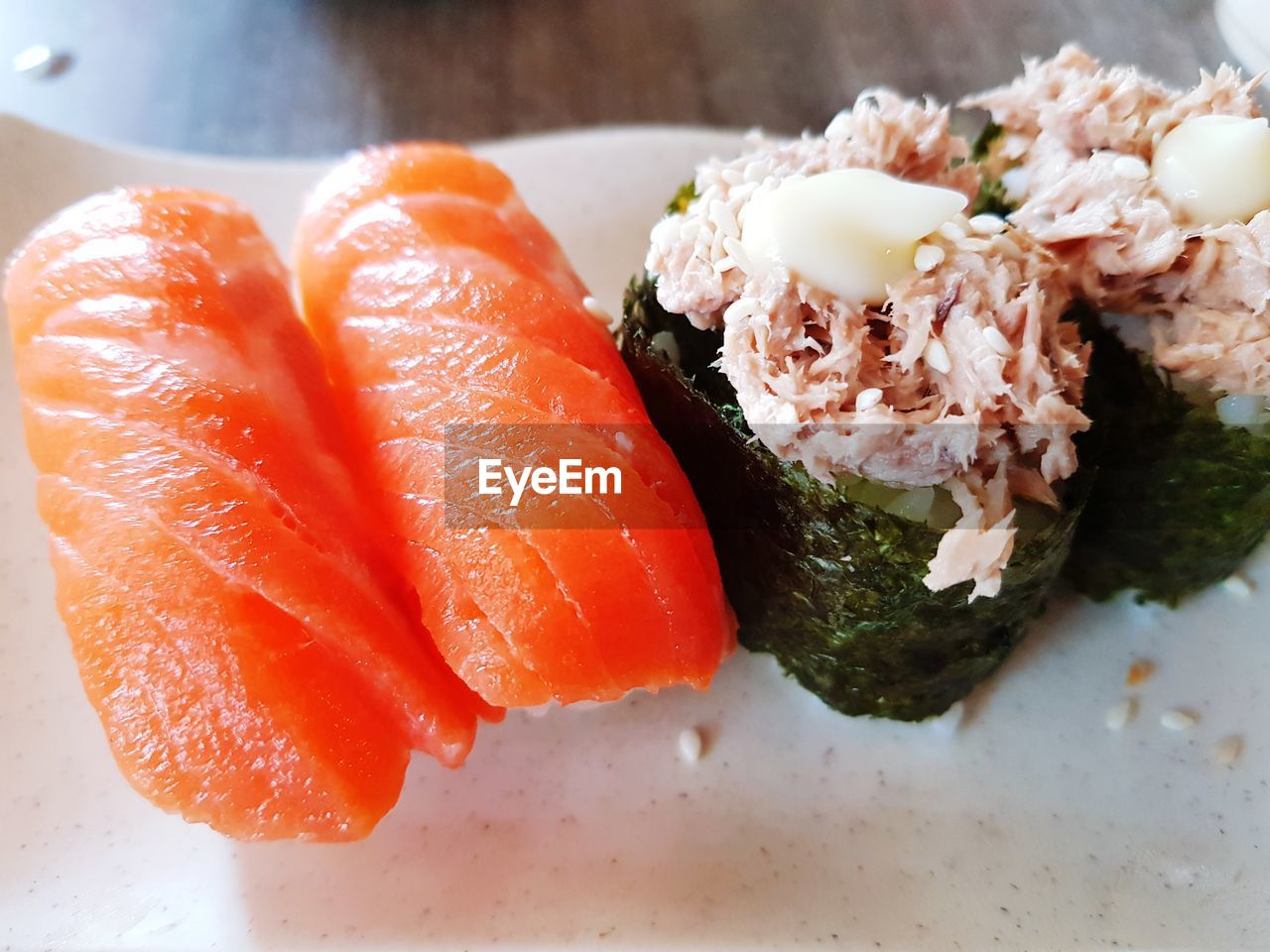 Close-up of sushi served in plate