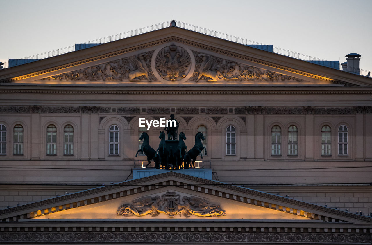 Low angle view of bolshoi theatre at dusk