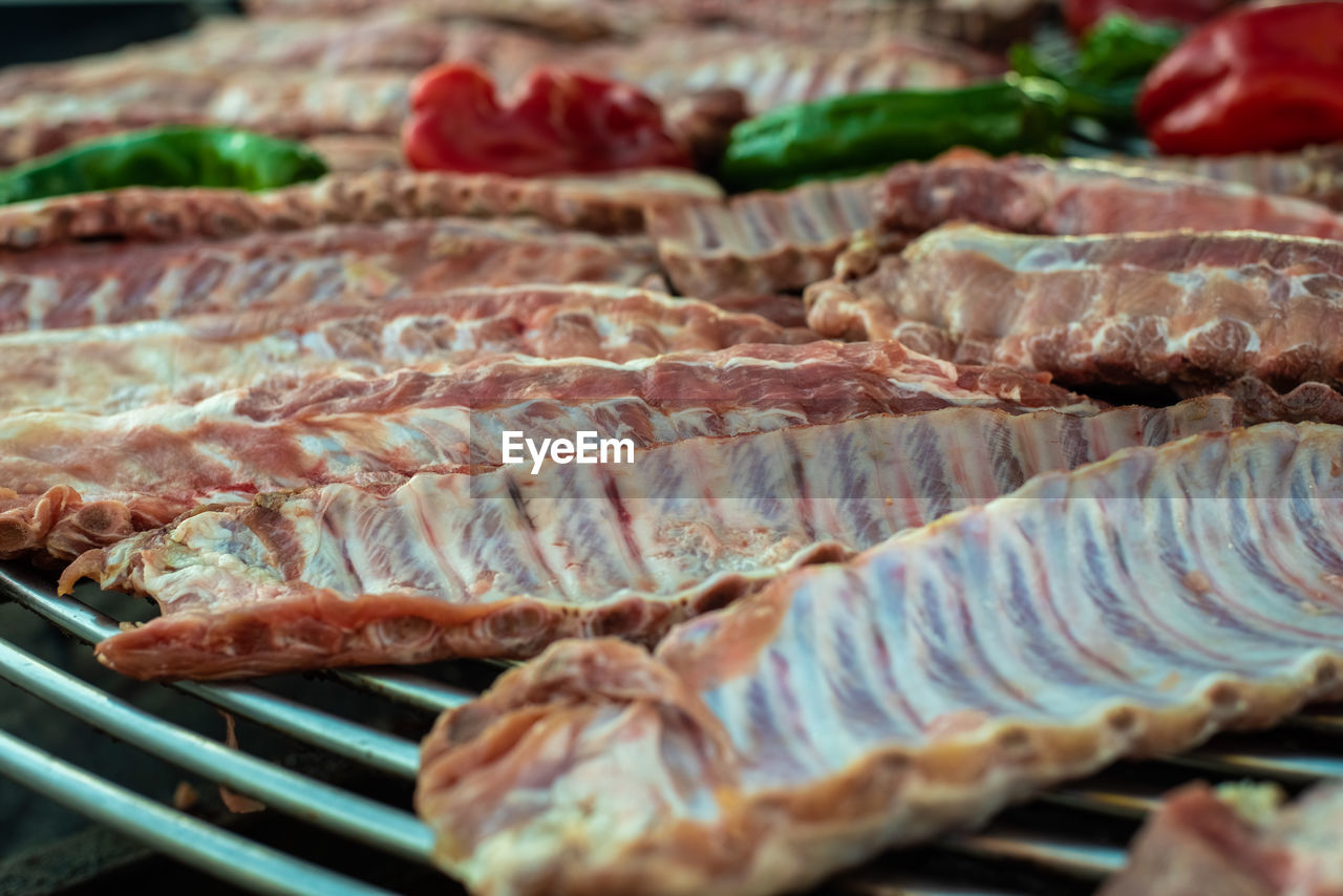 CLOSE-UP OF MEAT FOR SALE AT BARBECUE GRILL