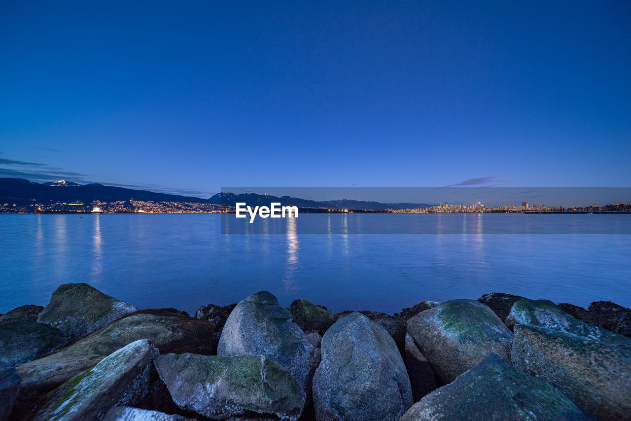 Scenic view of sea against clear blue sky