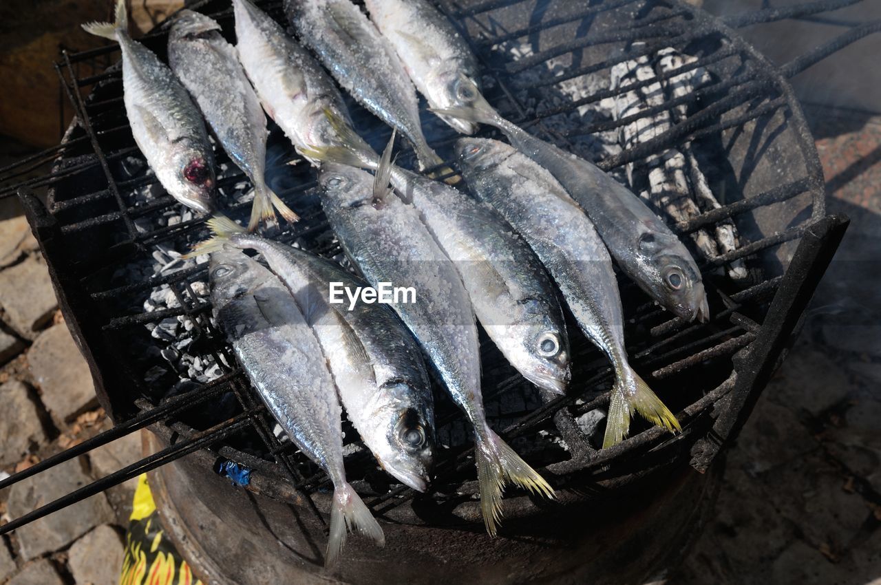 High angle view of fishes on barbecue grill