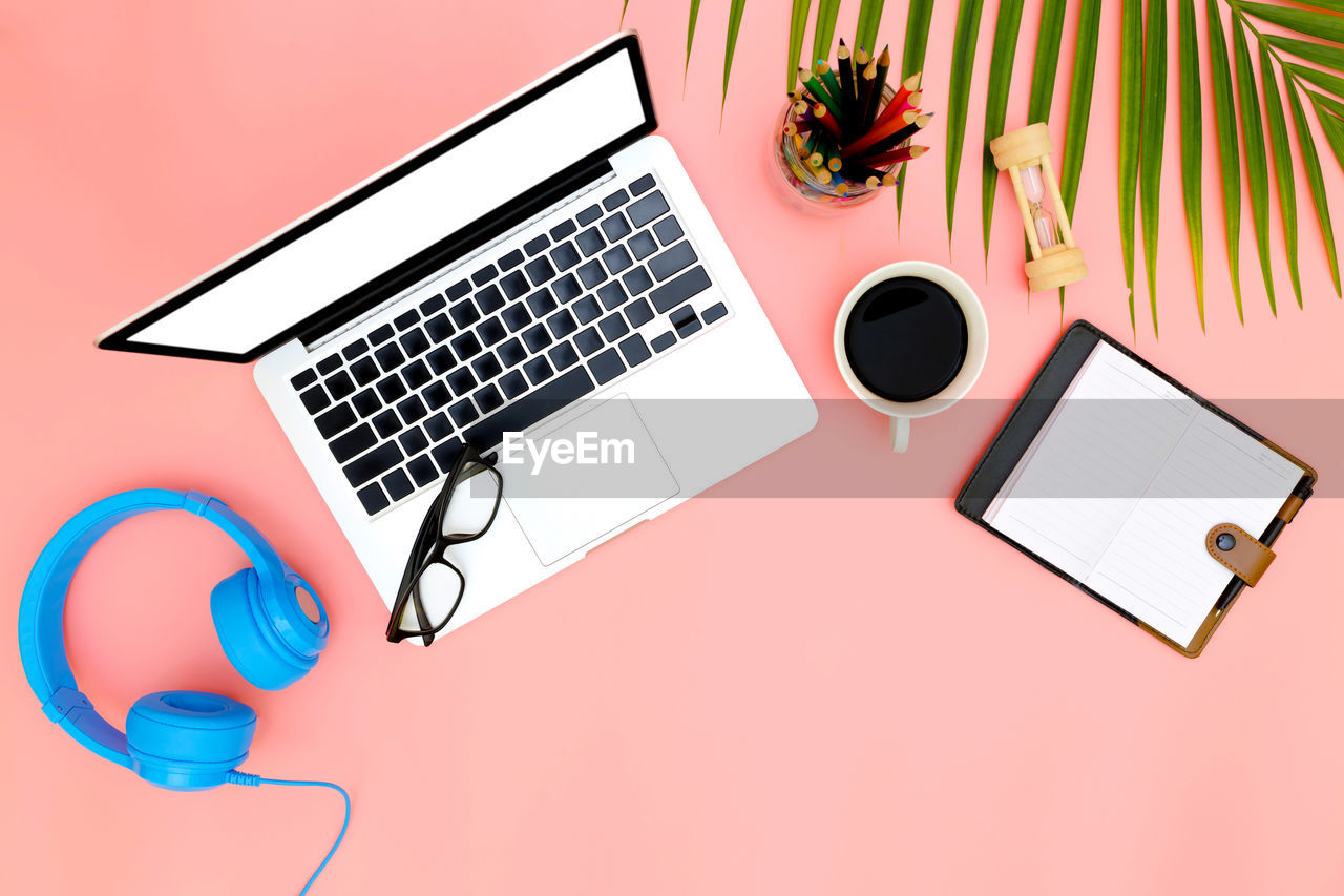 High angle view of office desk