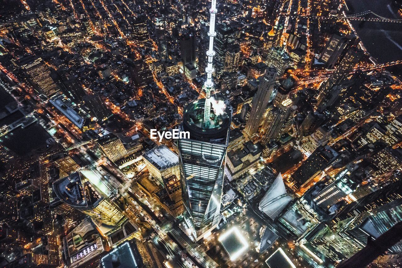 Aerial view of illuminated one world trade center at night