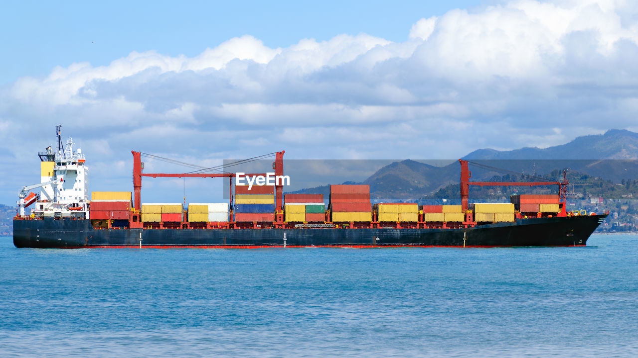 Cargo ship at sea.