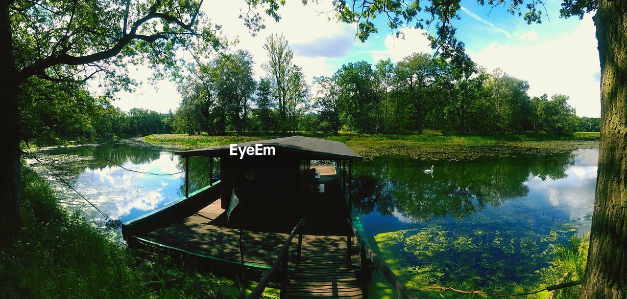 Scenic view of lake in forest against sky