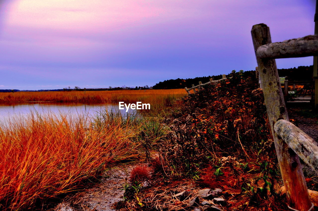 Scenic view of landscape against sky during dusk