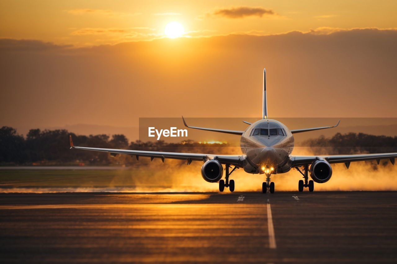 airplane at airport runway against sky during sunset