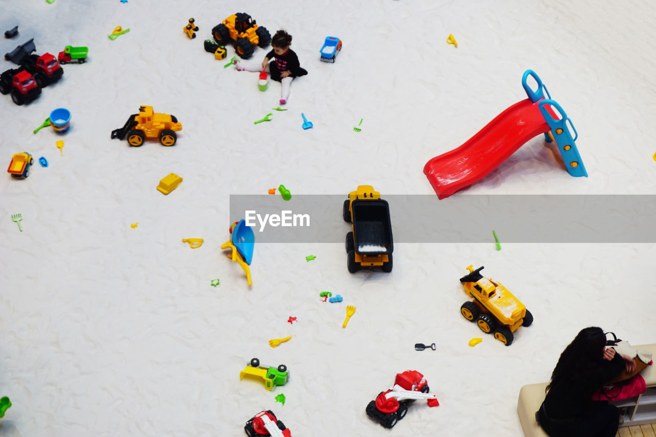 High angle view of toys on table