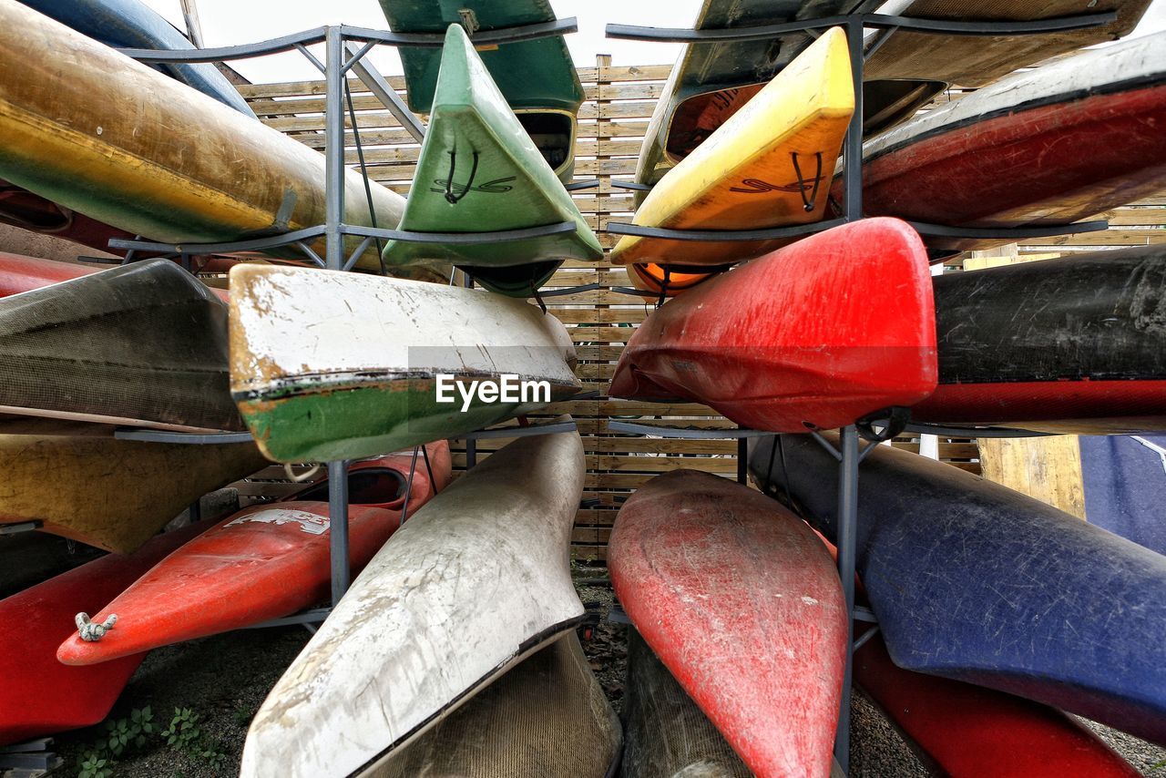 Stack of multi colored objects for rent. 