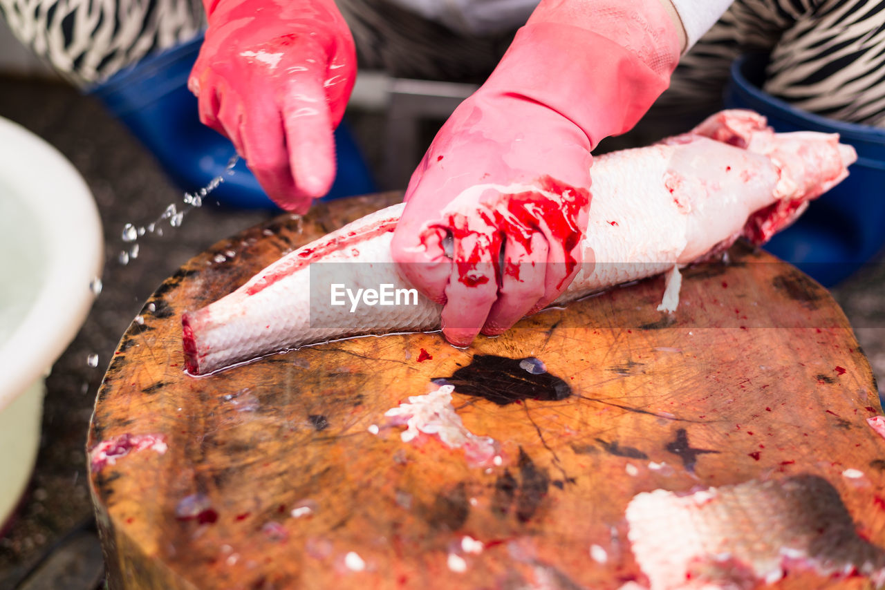 Close-up of hand holding bloody fish