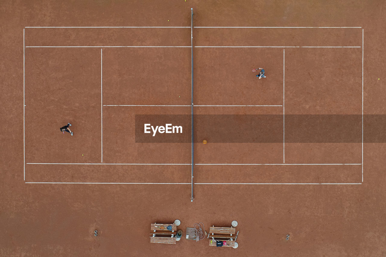Aerial view of athletes playing tennis