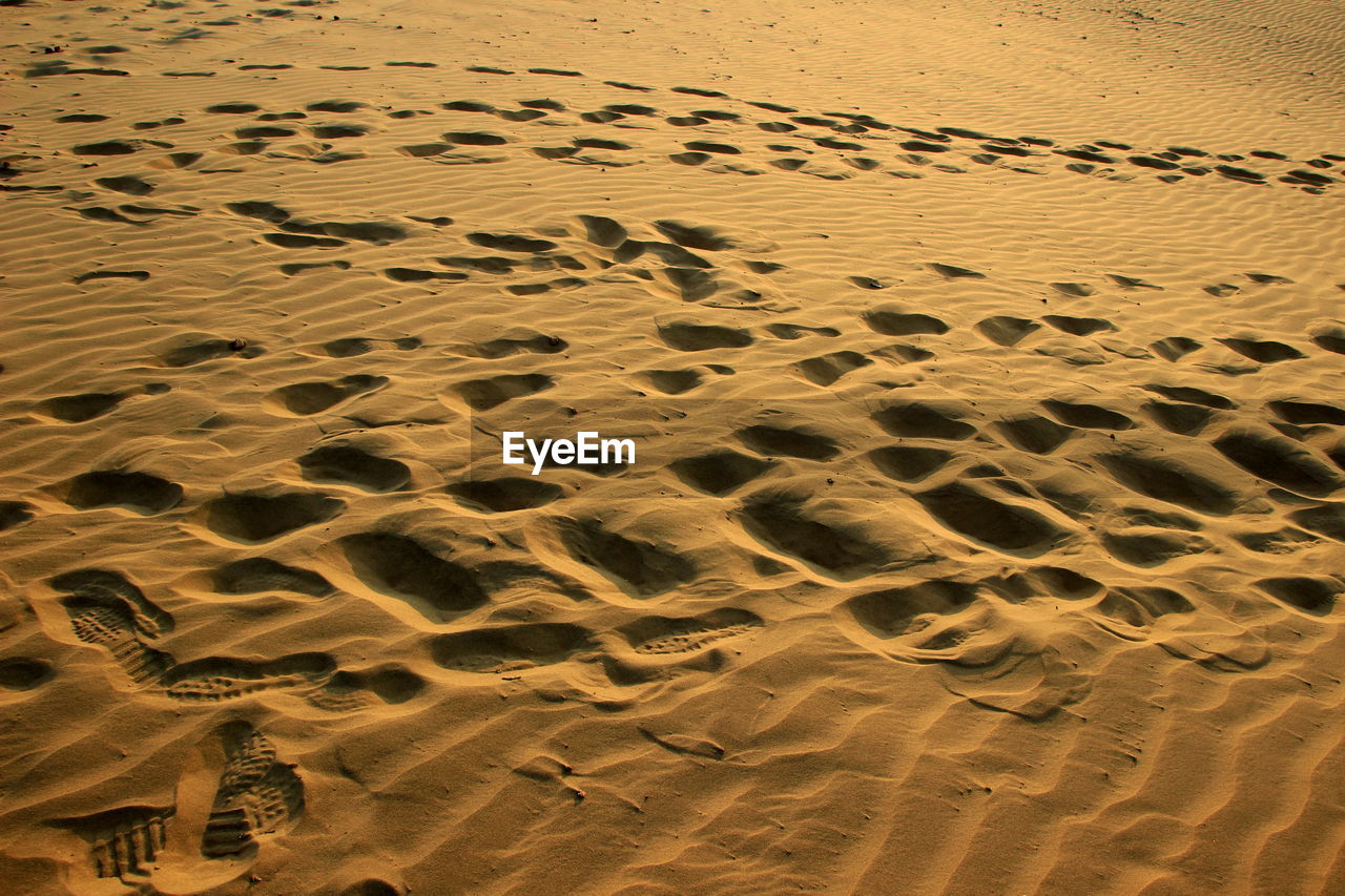 High angle view of footprints on sand at beach