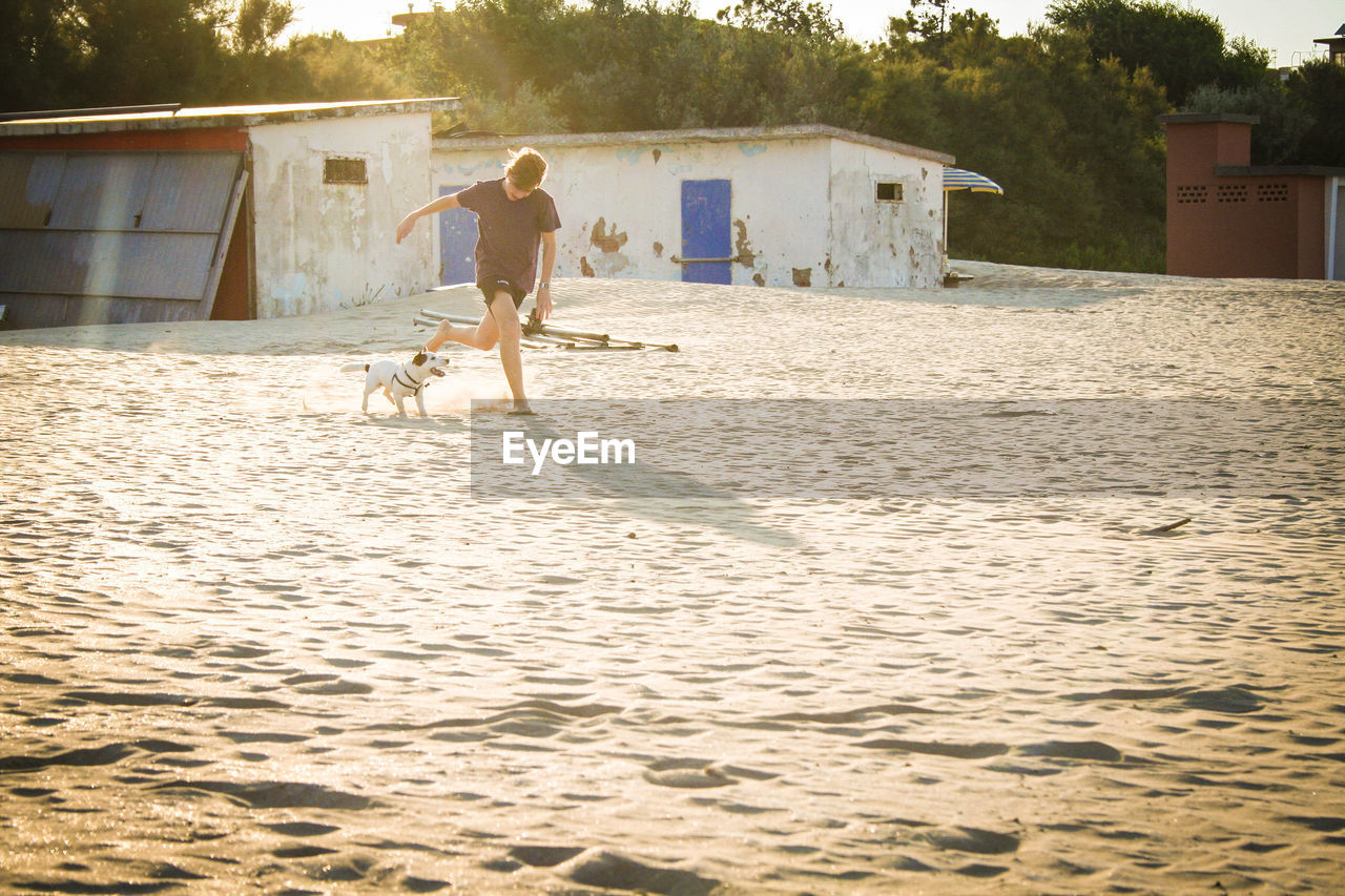 Boy with dog running on sand at beach during sunny day