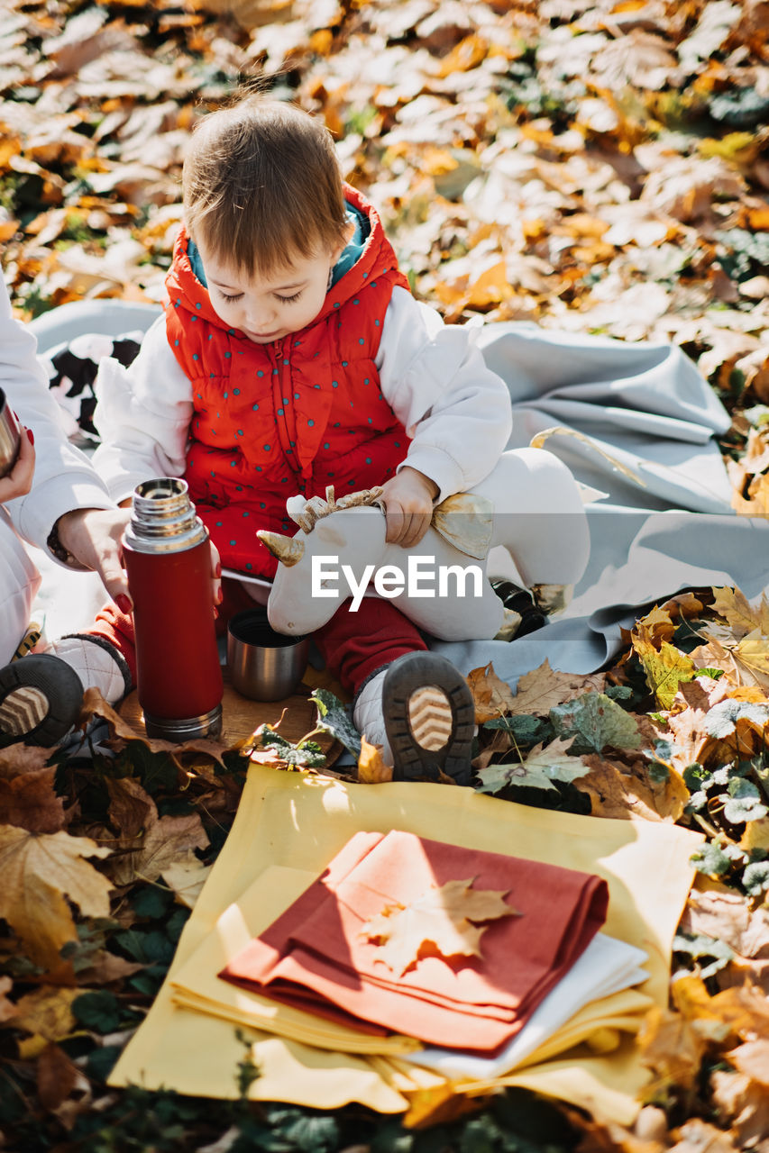 Little cute girl drinks tea from a thermos in the autumn park. cute little toddler baby with