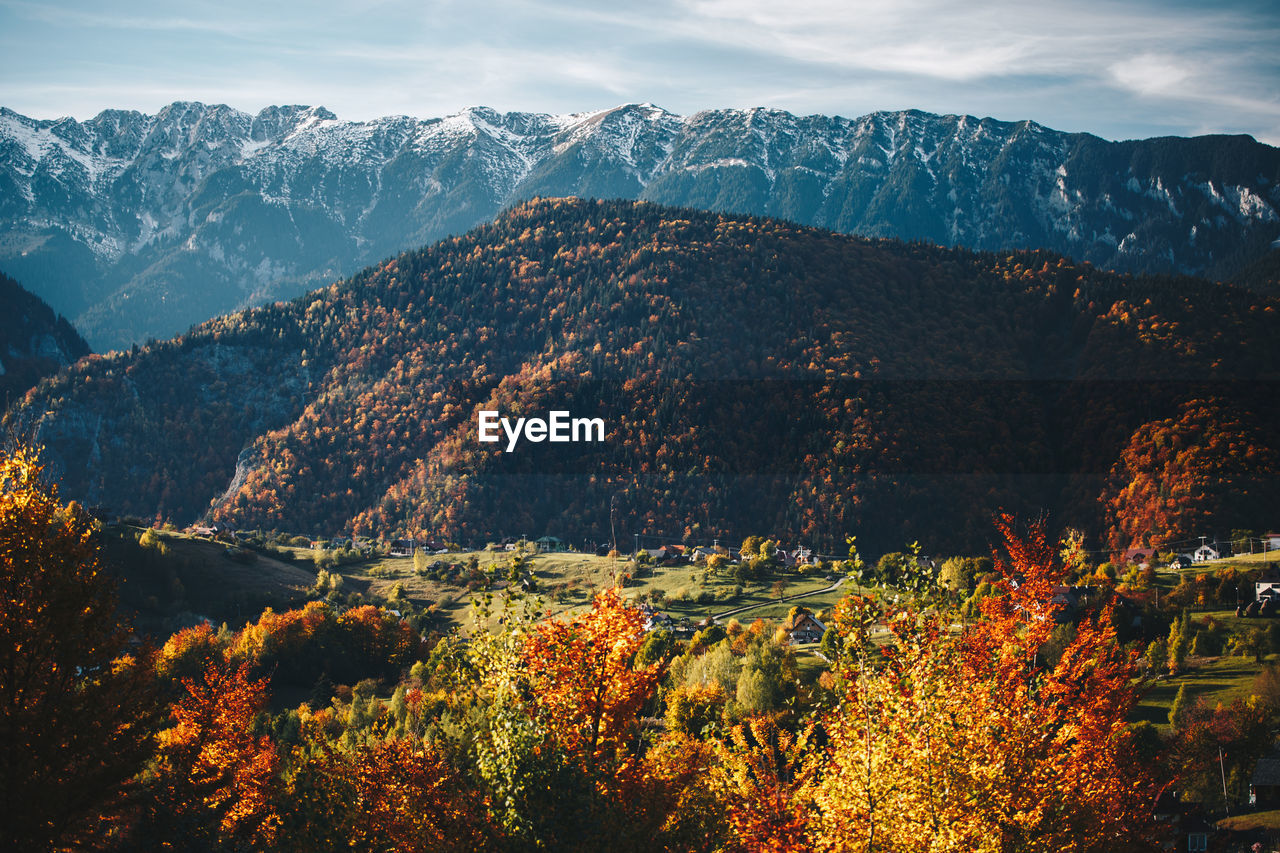 Scenic view of mountains against sky during autumn