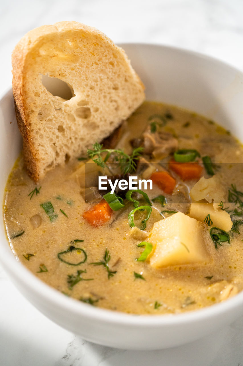 food and drink, food, healthy eating, vegetable, dish, soup, bread, wellbeing, baked, bowl, produce, meal, cuisine, curry, stew, herb, meat, freshness, no people, plant, clam chowder, indoors