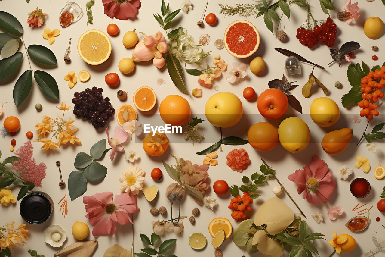 food and drink, food, fruit, healthy eating, flower, freshness, no people, wellbeing, produce, large group of objects, variation, still life, high angle view, indoors, plant, abundance, egg, celebration, multi colored, citrus fruit, directly above, table, orange color, arrangement