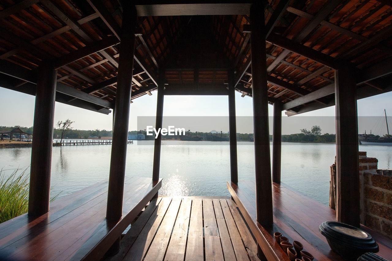 Interior of observation point over river against sky