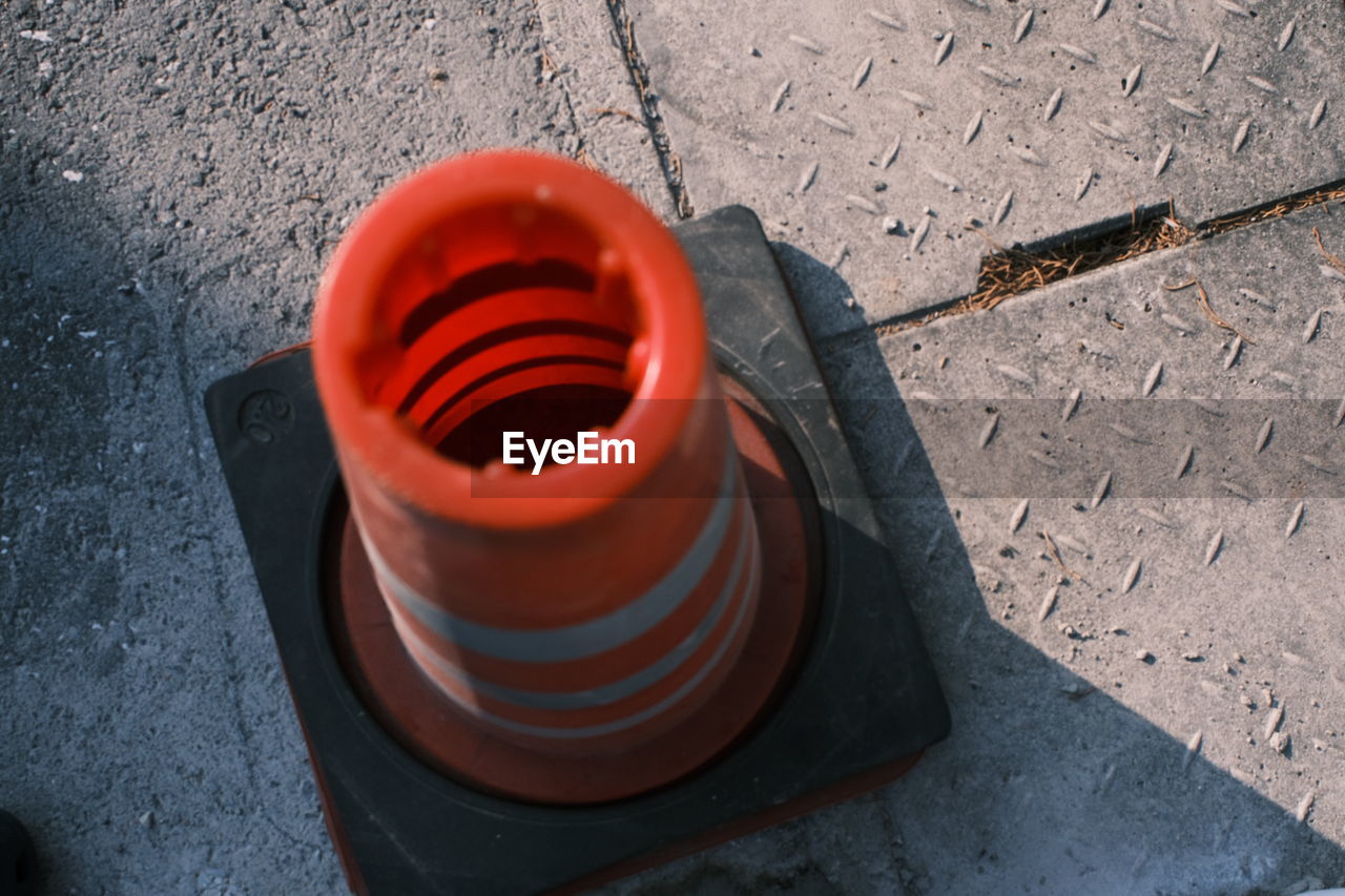 High angle view of safety cone