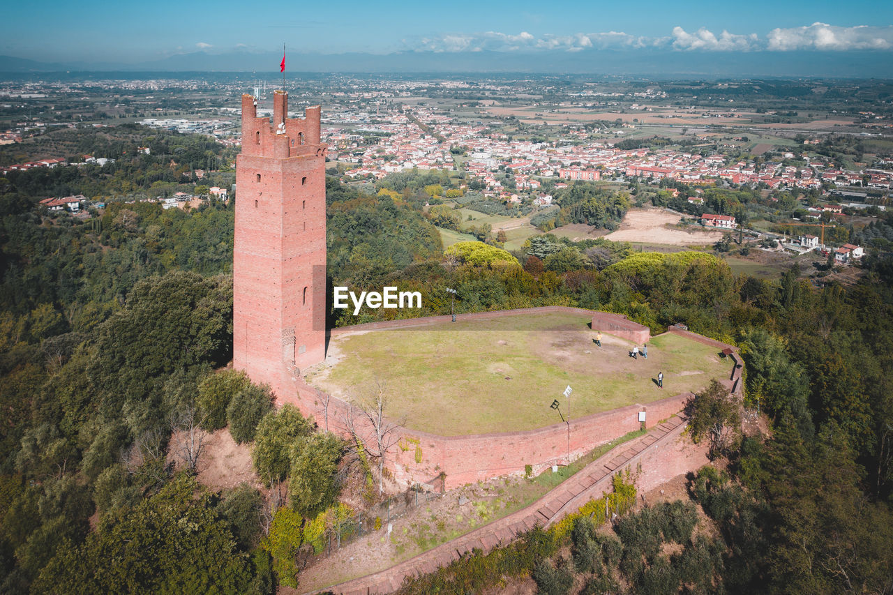 Aerial view of federico ii tower in san miniato, tuscany