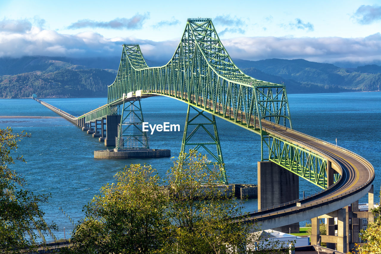 View of the astoria megler bridge crossing the columbia river from astoria, oregon to washington