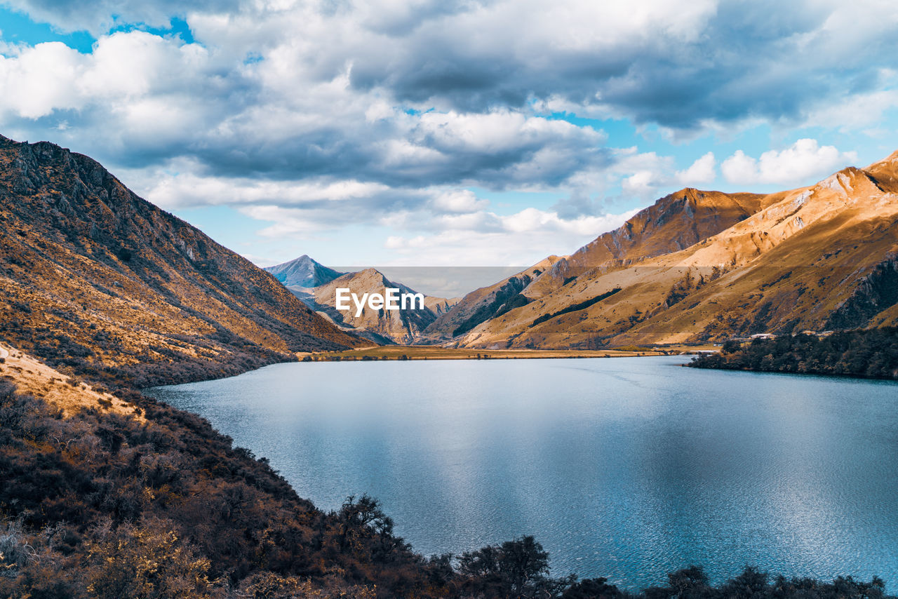 Scenic view of lake and mountains against sky