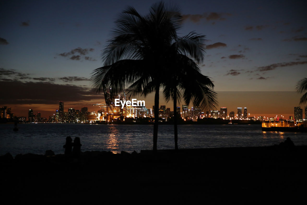 Silhouette palm trees by sea against sky at sunset