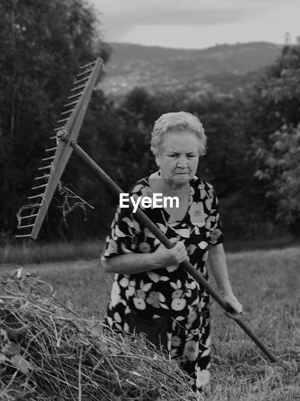 Senior woman with rake walking on grassy field