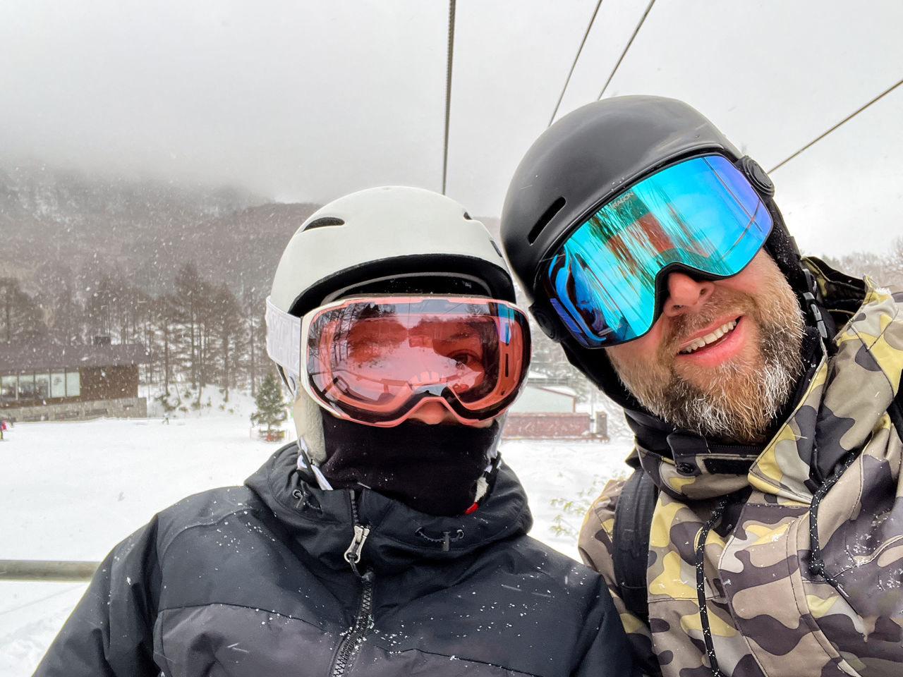 Selfie of a couple riding ski lift
