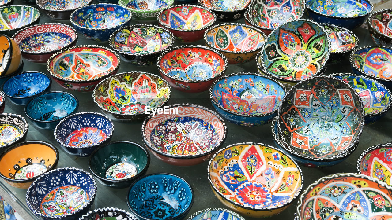 Full frame shot of colorful bowls for sale at market