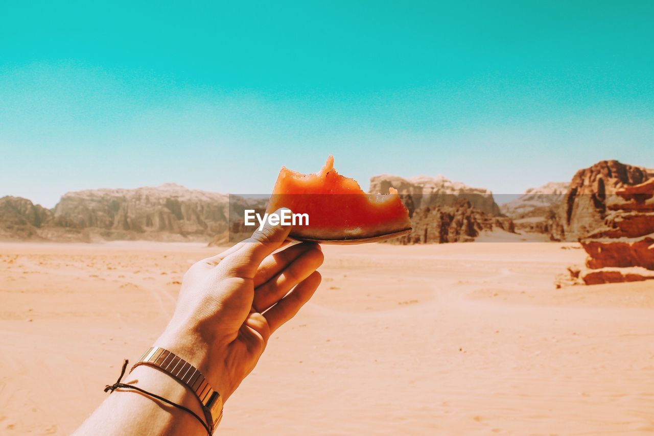 Cropped hand of holding watermelon on land