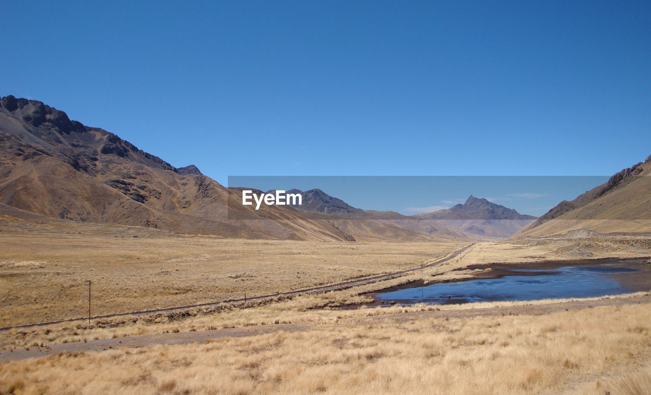 SCENIC VIEW OF ARID LANDSCAPE AGAINST CLEAR BLUE SKY